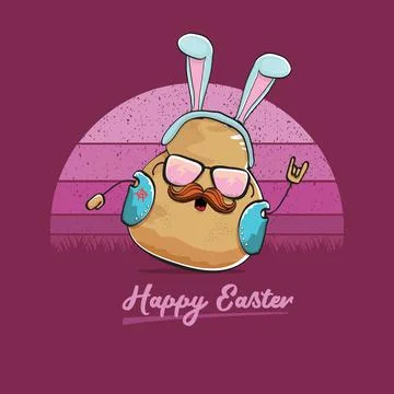 Vector rock star easter potato funny cartoon character with blue bunny ears Illustrazione stock