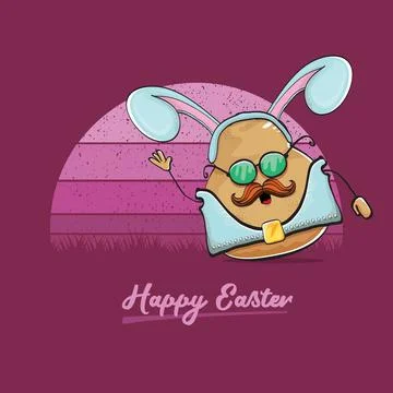 Vector rock star easter potato funny cartoon character with blue bunny ears Illustrazione stock