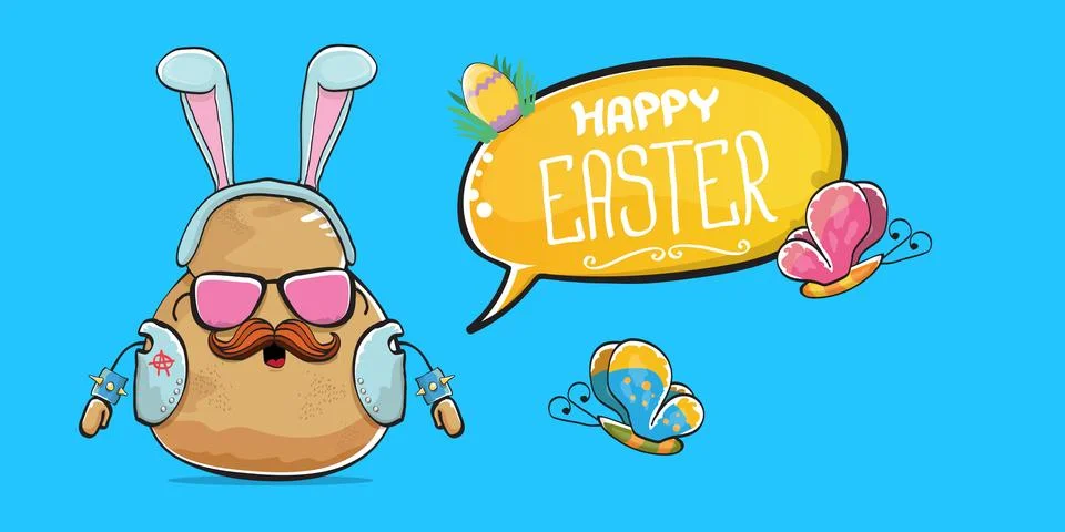 Vector rock star easter potato funny cartoon character with blue easter bunny Stock Illustration