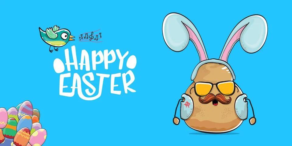 Vector rock star easter potato funny cartoon character with blue easter bunny Stock Illustration