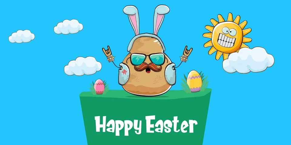 Vector rock star easter potato funny cartoon character with blue easter bunny Stock Illustration