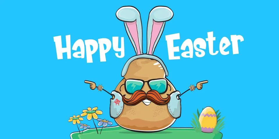 Vector rock star easter potato funny cartoon character with blue easter bunny Stock Illustration