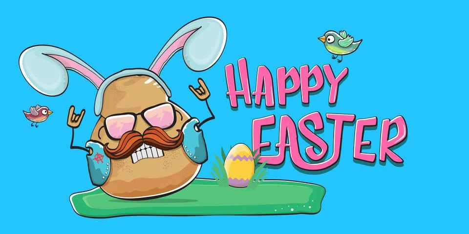 Vector rock star easter potato funny cartoon character with blue easter bunny Stock Illustration
