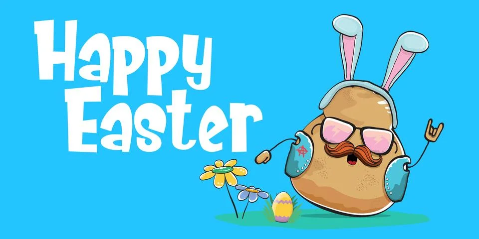 Vector rock star easter potato funny cartoon character with blue easter bunny Stock Illustration