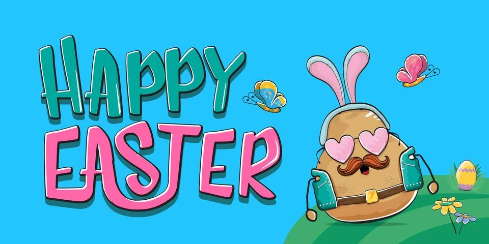 Vector rock star easter potato funny cartoon character with blue easter bunny Stock Illustration