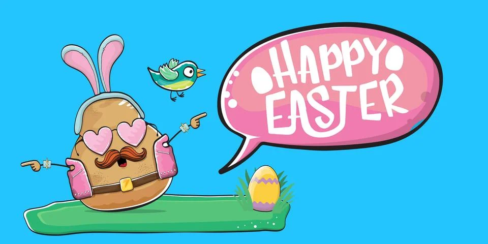 Vector rock star easter potato funny cartoon character with blue easter bunny Stock Illustration