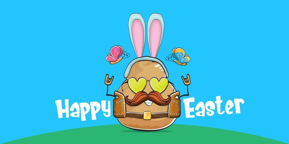 Vector rock star easter potato funny cartoon character with blue easter bunny Stock Illustration