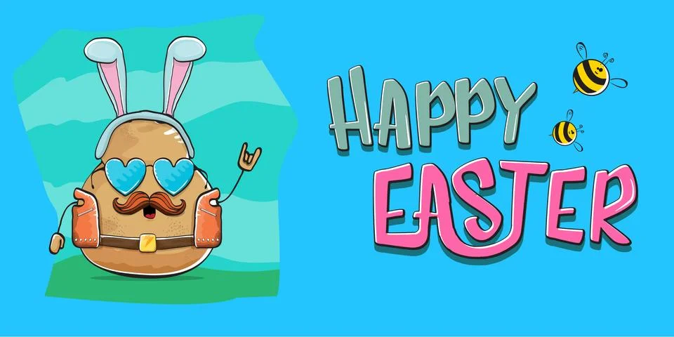 Vector rock star easter potato funny cartoon character with blue easter bunny Stock Illustration