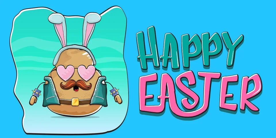 Vector rock star easter potato funny cartoon character with blue easter bunny Stock Illustration