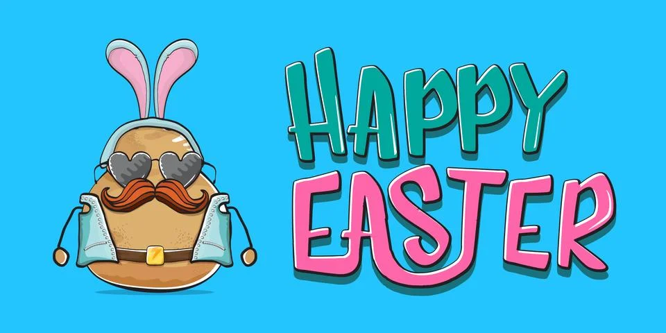 Vector rock star easter potato funny cartoon character with blue easter bunny Stock Illustration