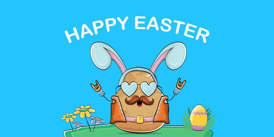 Vector rock star easter potato funny cartoon character with blue easter bunny Stock Illustration