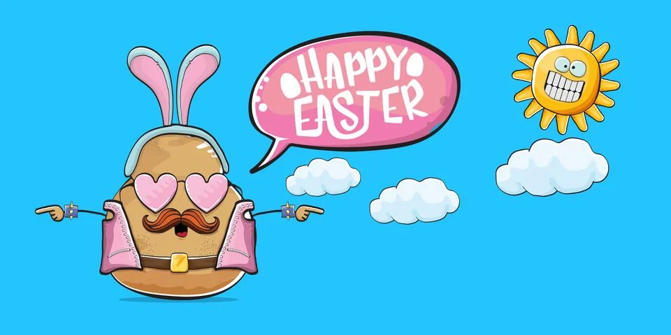 Vector rock star easter potato funny cartoon character with blue easter bunny Stock Illustration