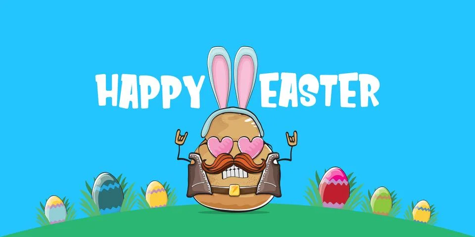 Vector rock star easter potato funny cartoon character with blue easter bunny Stock Illustration