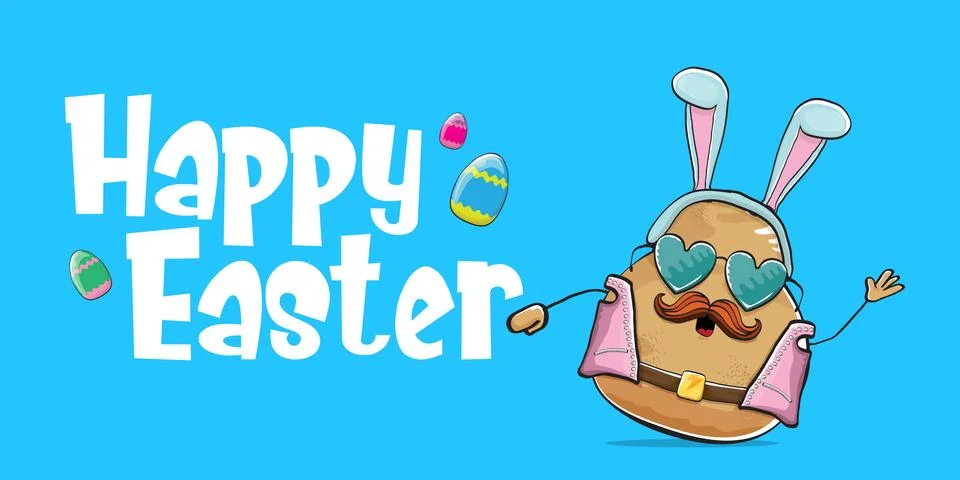 Vector rock star easter potato funny cartoon character with blue easter bunny Stock Illustration