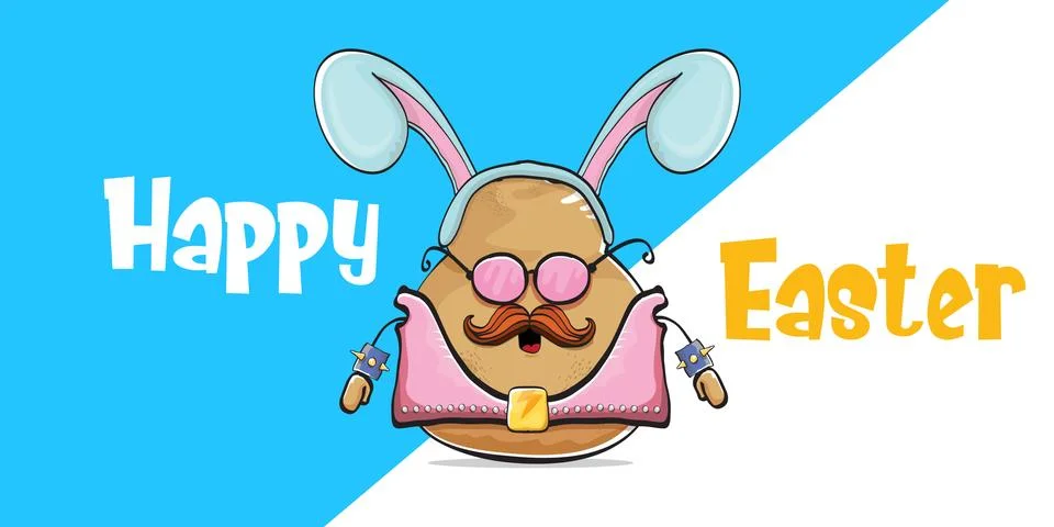 Vector rock star easter potato funny cartoon character with blue easter bunny Stock Illustration