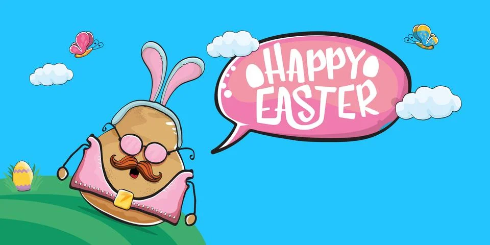 Vector rock star easter potato funny cartoon character with blue easter bunny Stock Illustration