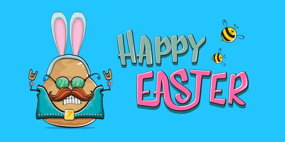 Vector rock star easter potato funny cartoon character with blue easter bunny Stock Illustration