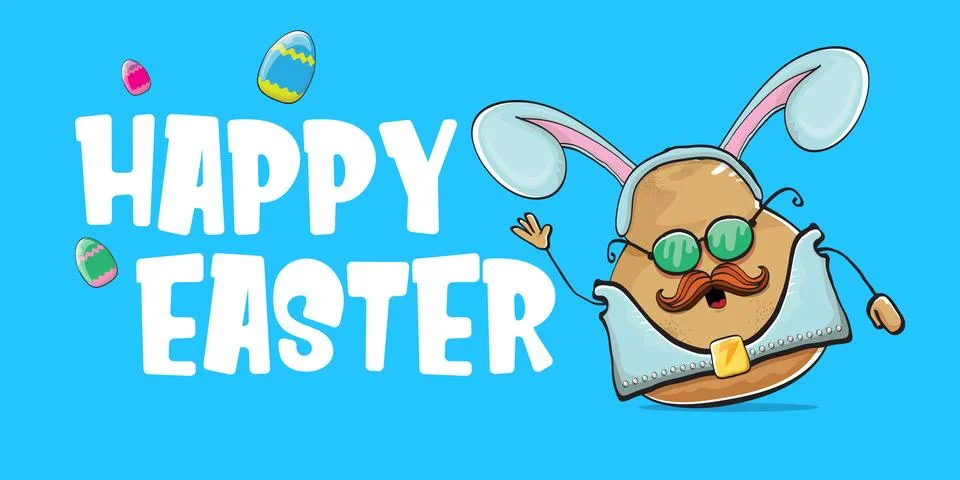 Vector rock star easter potato funny cartoon character with blue easter bunny Stock Illustration