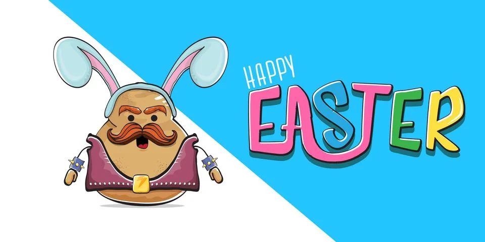Vector rock star easter potato funny cartoon character with blue easter bunny Stock Illustration