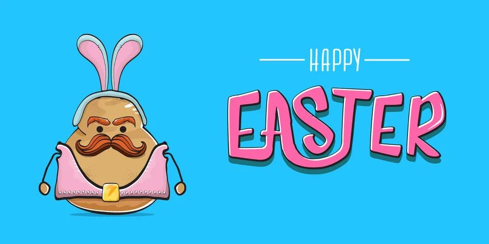 Vector rock star easter potato funny cartoon character with blue easter bunny Stock Illustration