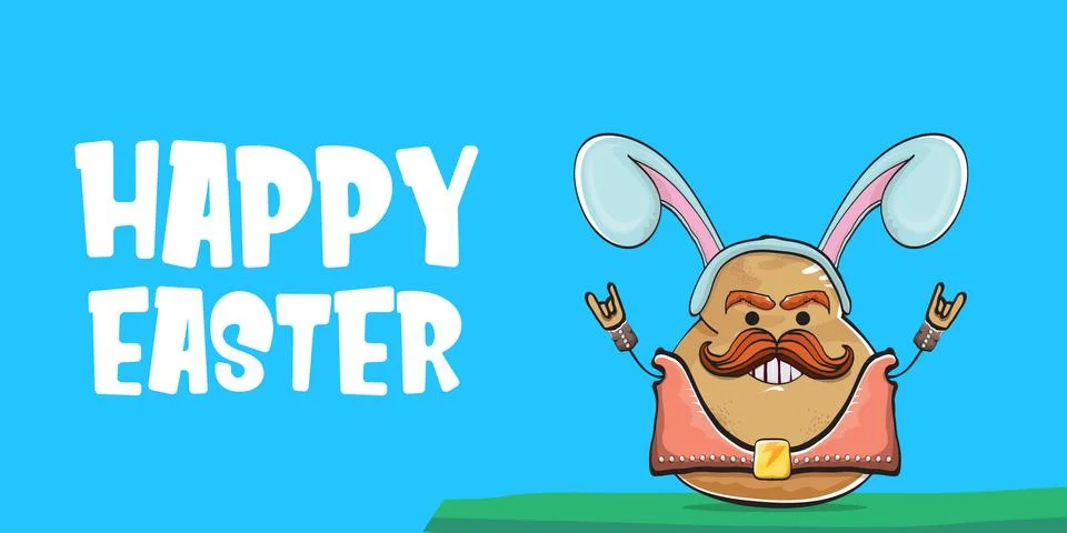 Vector rock star easter potato funny cartoon character with blue easter bunny Stock Illustration