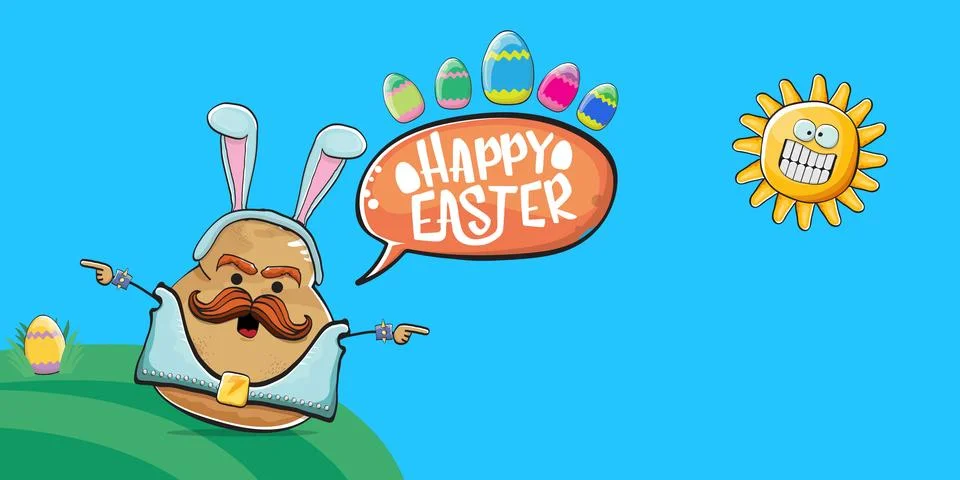 Vector rock star easter potato funny cartoon character with blue easter bunny Stock Illustration