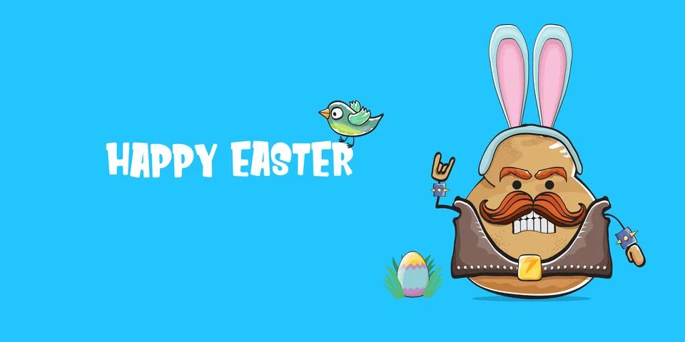 Vector rock star easter potato funny cartoon character with blue easter bunny Stock Illustration