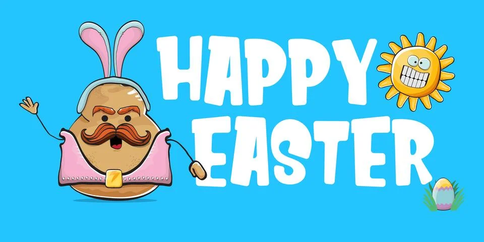 Vector rock star easter potato funny cartoon character with blue easter bunny Stock Illustration