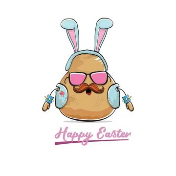 Vector rock star easter potato funny cartoon character with blue easter bunny Stock Illustration