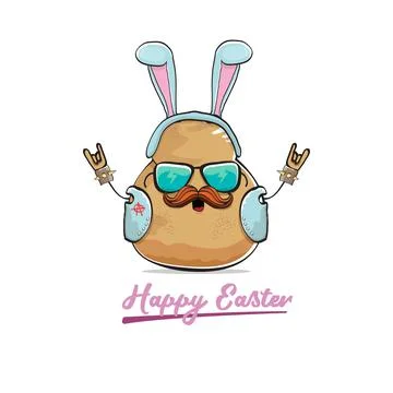 Vector rock star easter potato funny cartoon character with blue easter bunny Illustrazione stock