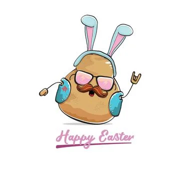 Vector rock star easter potato funny cartoon character with blue easter bunny Stock Illustration