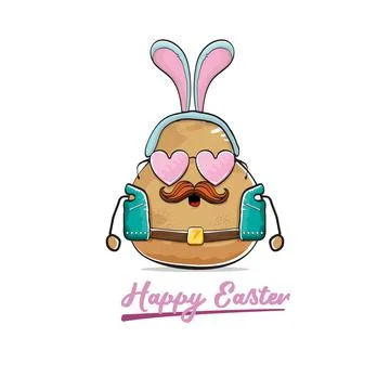 Vector rock star easter potato funny cartoon character with blue easter bunny 스톡 일러스트