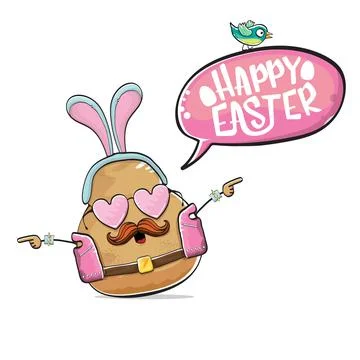 Vector rock star easter potato funny cartoon character with blue easter bunny Illustrazione stock