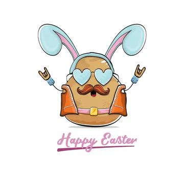 Vector rock star easter potato funny cartoon character with blue easter bunny Stock Illustration