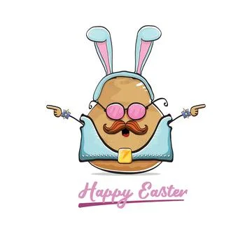 Vector rock star easter potato funny cartoon character with blue easter bunny Stockillustratie