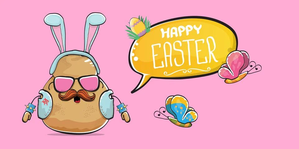 Vector rock star easter potato funny cartoon character with blue easter bunny 스톡 일러스트