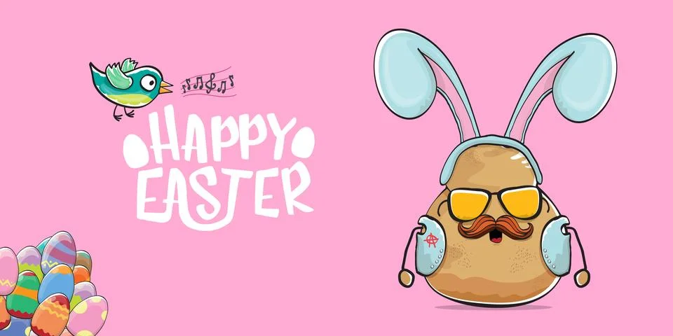 Vector rock star easter potato funny cartoon character with blue easter bunny Stock Illustration