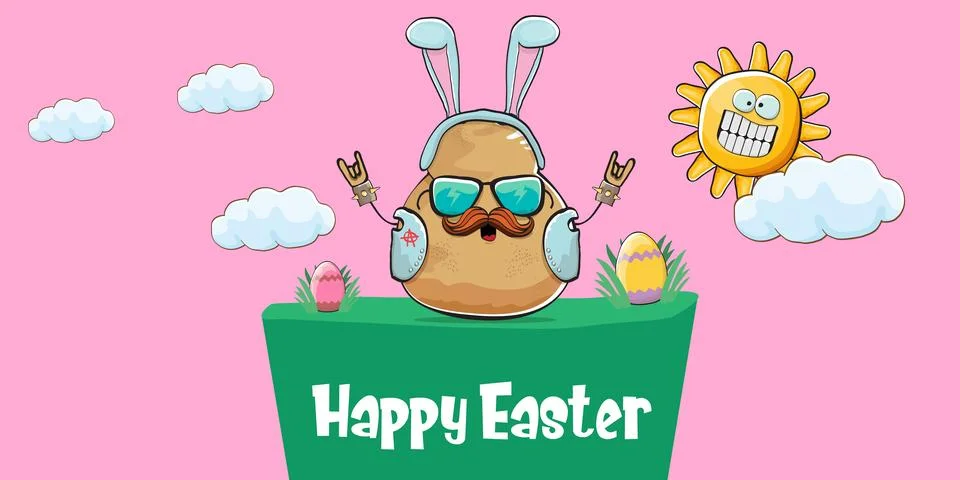 Vector rock star easter potato funny cartoon character with blue easter bunny Stock Illustration