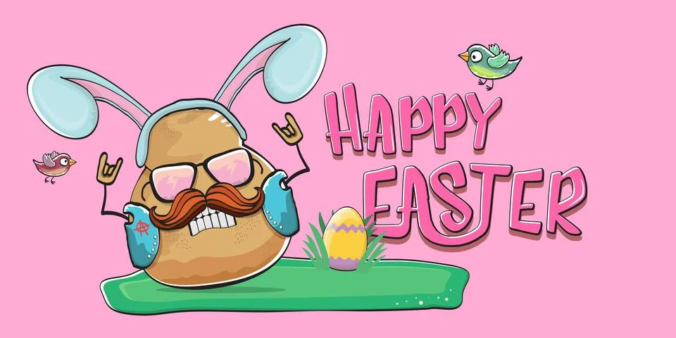 Vector rock star easter potato funny cartoon character with blue easter bunny Illustrazione stock