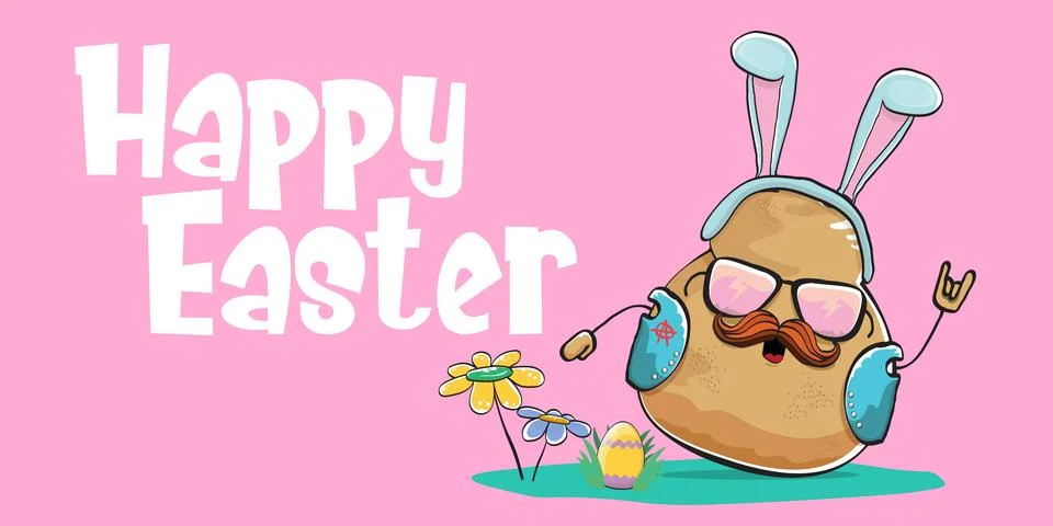 Vector rock star easter potato funny cartoon character with blue easter bunny Stock Illustration