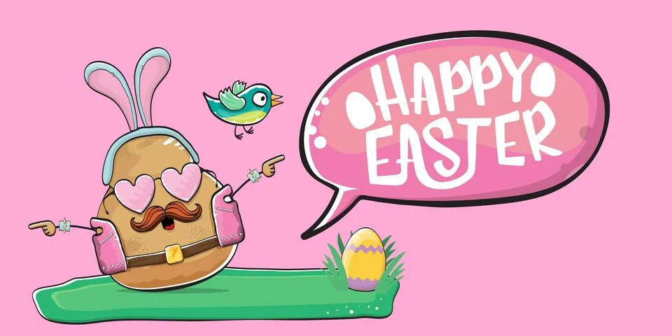 Vector rock star easter potato funny cartoon character with blue easter bunny Stock Illustration