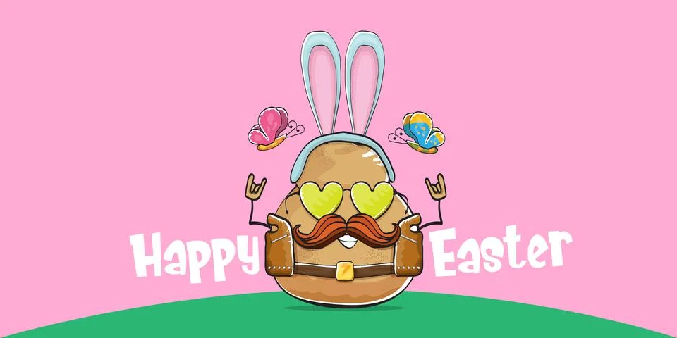 Vector rock star easter potato funny cartoon character with blue easter bunny 스톡 일러스트