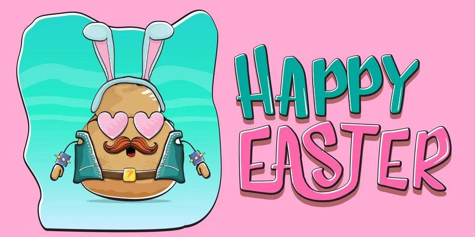 Vector rock star easter potato funny cartoon character with blue easter bunny Illustrazione stock