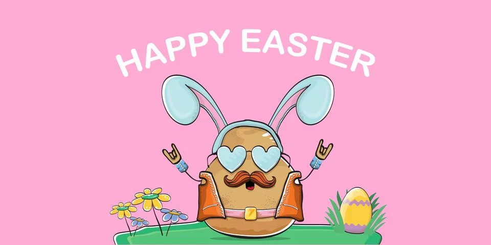 Vector rock star easter potato funny cartoon character with blue easter bunny Stock Illustration