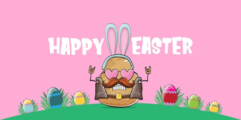 Vector rock star easter potato funny cartoon character with blue easter bunny Stock Illustration