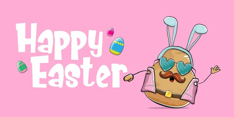 Vector rock star easter potato funny cartoon character with blue easter bunny Stock Illustration