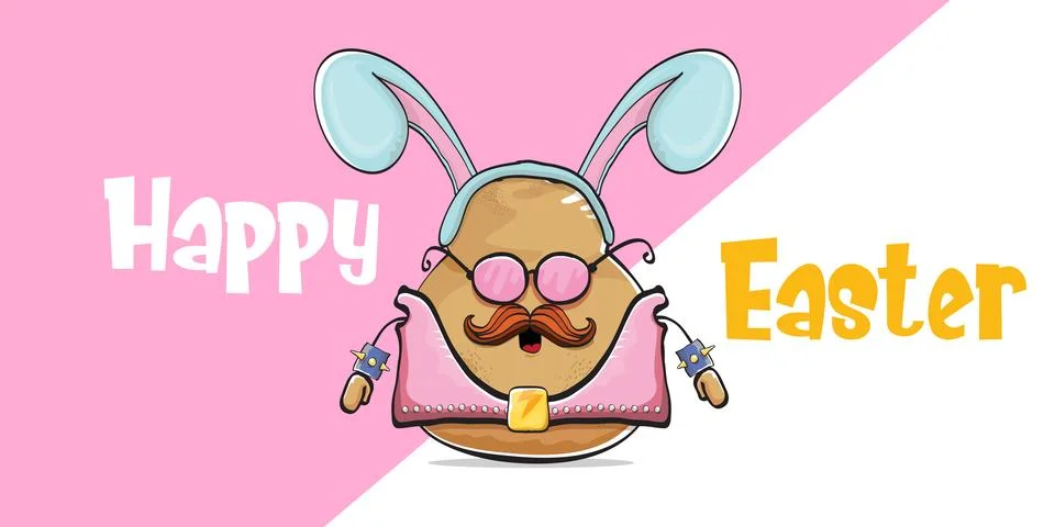 Vector rock star easter potato funny cartoon character with blue easter bunny Illustrazione stock