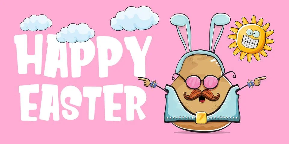 Vector rock star easter potato funny cartoon character with blue easter bunny Stock Illustration
