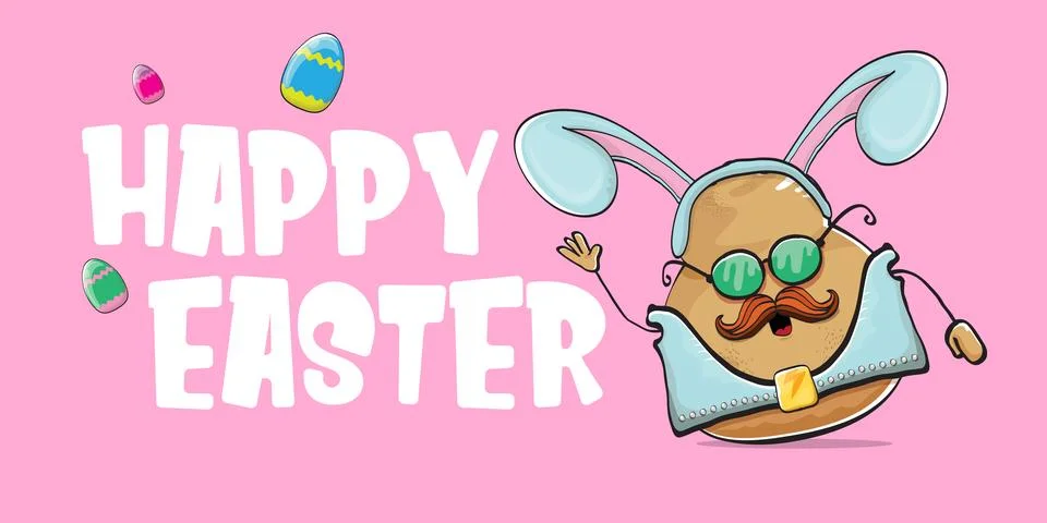 Vector rock star easter potato funny cartoon character with blue easter bunny Stockillustratie
