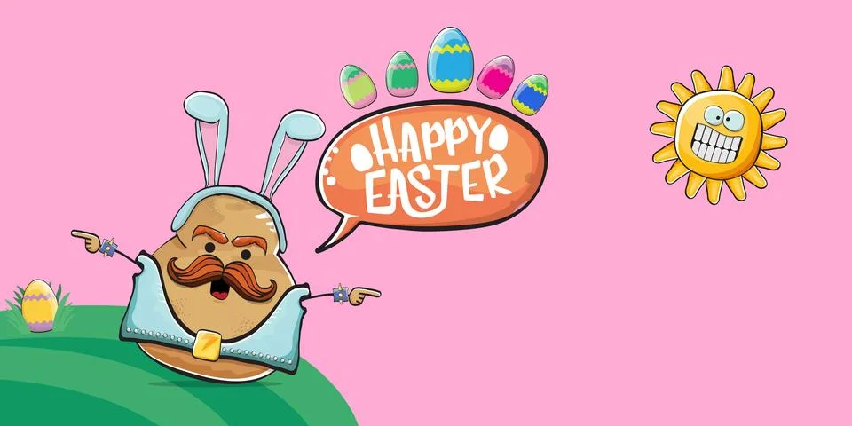 Vector rock star easter potato funny cartoon character with blue easter bunny Illustrazione stock